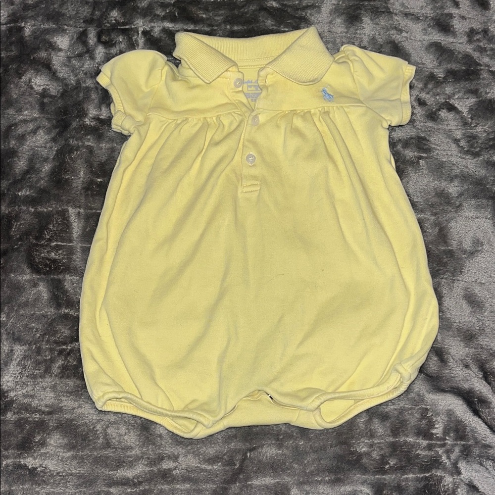 Ralph Lauren yellow baby onsie romper w/ baby blue polo logo. Size 9m